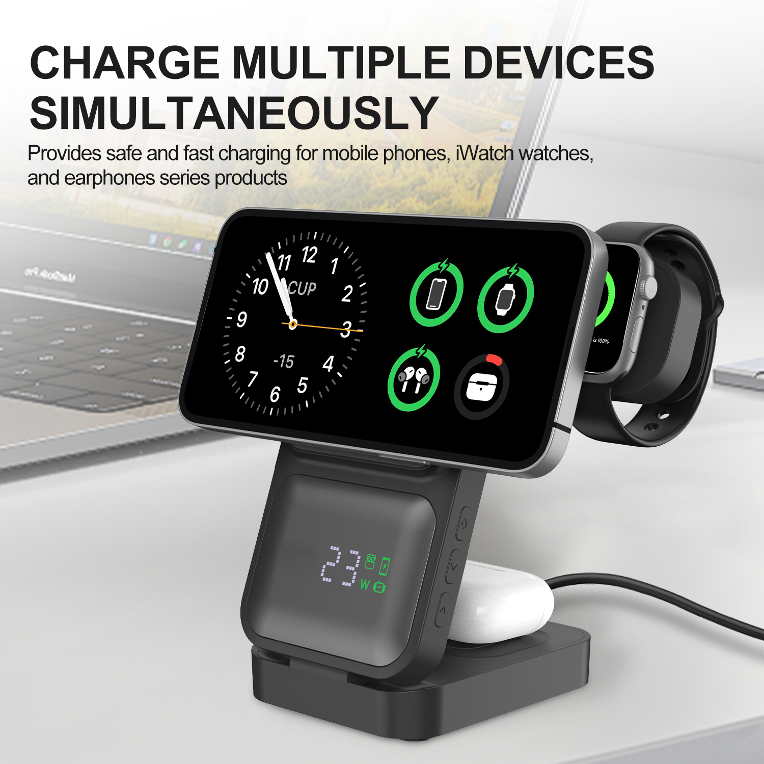 4-in-1 foldable magnetic wireless charger with LCD screen charging an iPhone, Apple Watch, and AirPods simultaneously, featuring real-time charging display and alarm clock functions