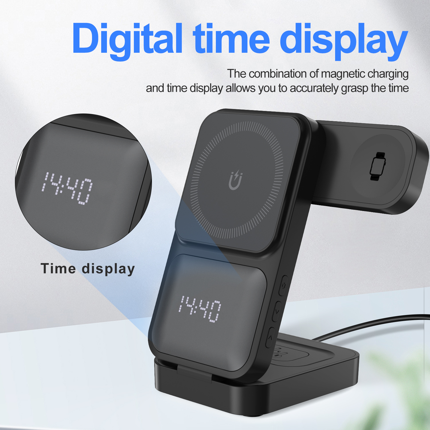 Foldable magnetic wireless charger with digital time display, featuring a real-time clock function and magnetic charging surface, shown in a sleek black design.