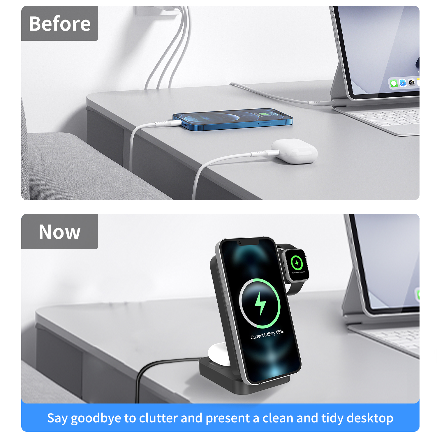 Before and after comparison of a cluttered desk with multiple charging cables versus a clean desk using a 4-in-1 foldable magnetic wireless charger for iPhone, AirPods, and Apple Watch, reducing cable clutter.
