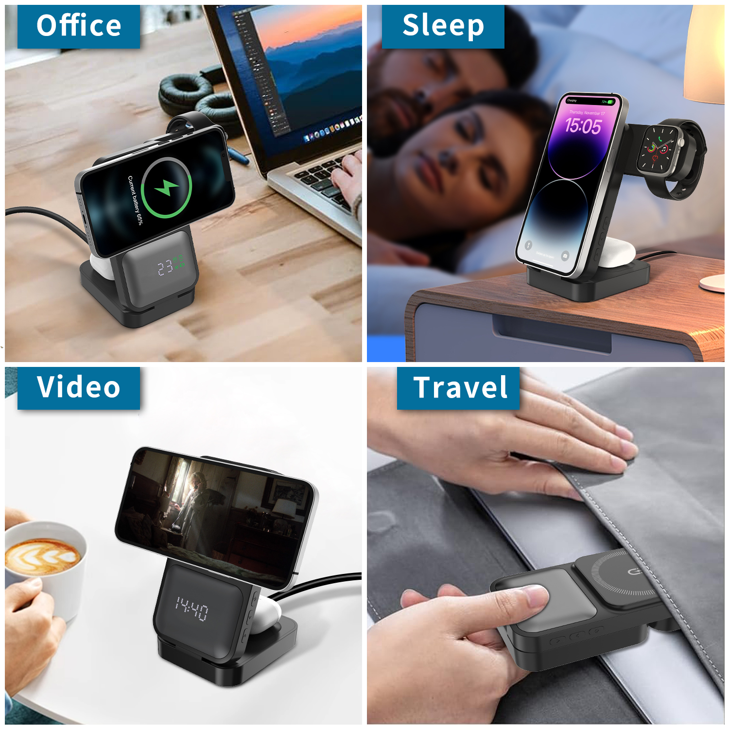 4-in-1 foldable magnetic wireless charger used in various scenarios: office desk, nightstand for sleep, video watching, and travel, showcasing its versatility and portability for charging iPhone, Apple Watch, and AirPods