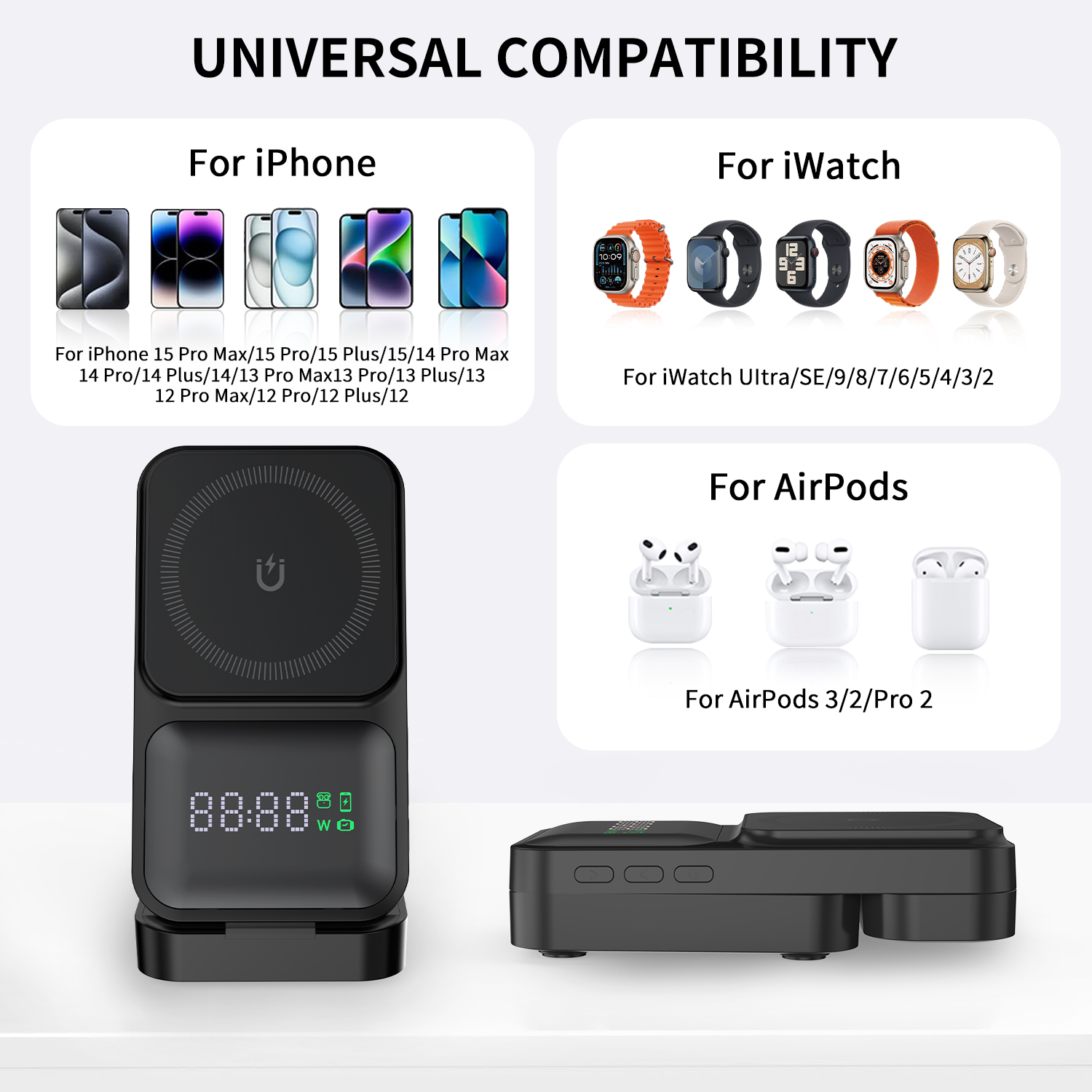 Universal compatibility of foldable magnetic wireless charger for iPhone, Apple Watch, and AirPods, supporting multiple iPhone models, Apple Watch series (Ultra/SE/9/8/7/6/5/4/3/2), and AirPods (3/2/Pro 2)