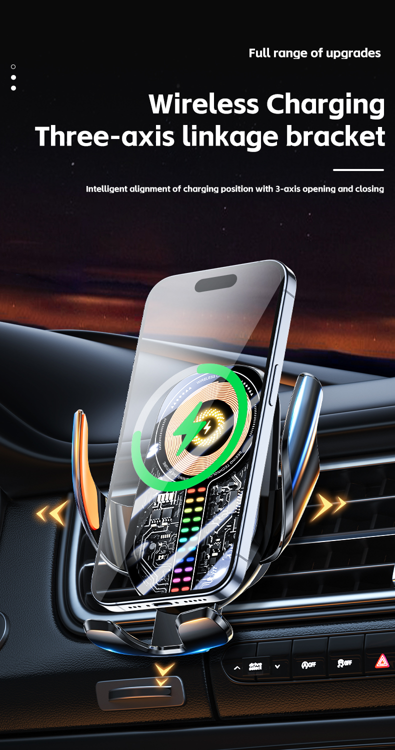 This image showcases a 15W wireless car charger with a three-axis linkage bracket and phone holder, featuring intelligent charging alignment for precise positioning. The device offers fast wireless charging, enhanced by dynamic RGB lighting, creating a modern aesthetic perfect for any vehicle interior.