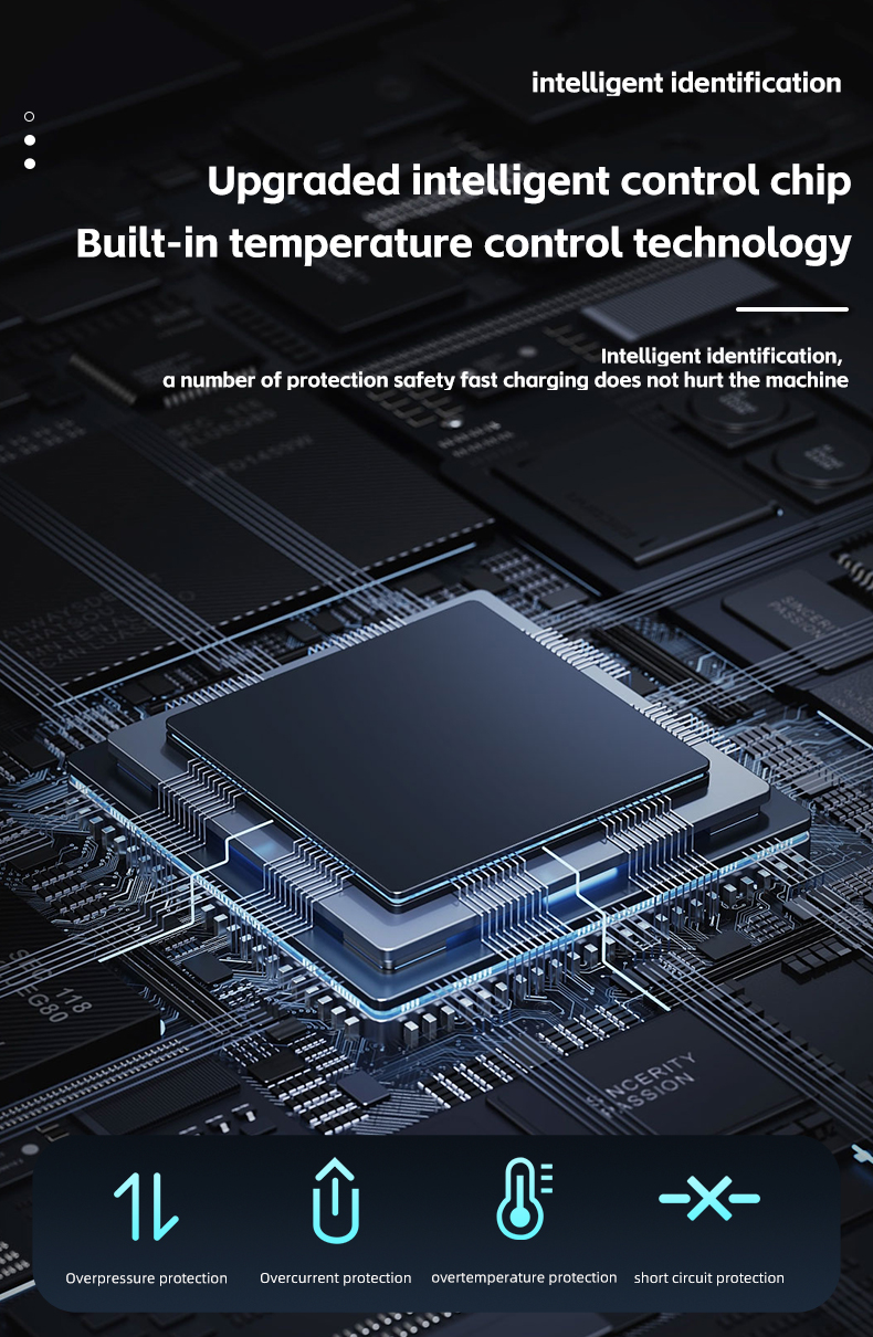 This image highlights the advanced features of the 15W wireless car charger with an upgraded intelligent control chip and built-in temperature control technology. The charger offers multiple layers of protection, including overpressure protection, overcurrent protection, overtemperature protection, and short circuit protection, ensuring safe and efficient fast charging.