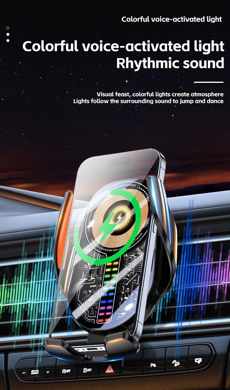 This image showcases the 15W wireless car charger with a colorful voice-activated light feature, synchronized with rhythmic sound. The charger offers a dynamic visual experience, with lights that respond to surrounding audio, creating a vibrant atmosphere inside the car while charging your device.