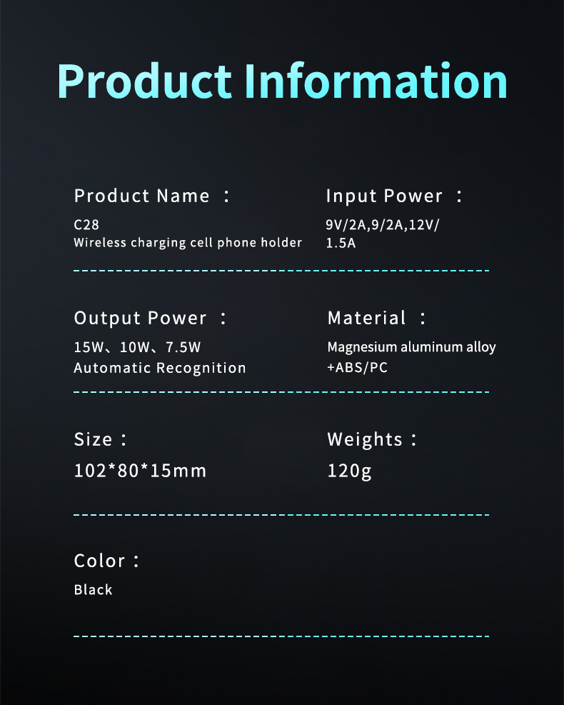 This image provides detailed product information for the C28 wireless charging cell phone holder, including key specifications such as input power (9V/2A, 12V/1.5A), output power (15W, 10W, 7.5W automatic recognition), and material (magnesium aluminum alloy + ABS/PC). The product dimensions are 1028015mm, weight 120g, and it comes in black.